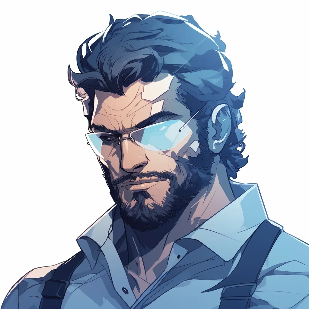 Blue-haired character portrait with glasses against a cool blue background.