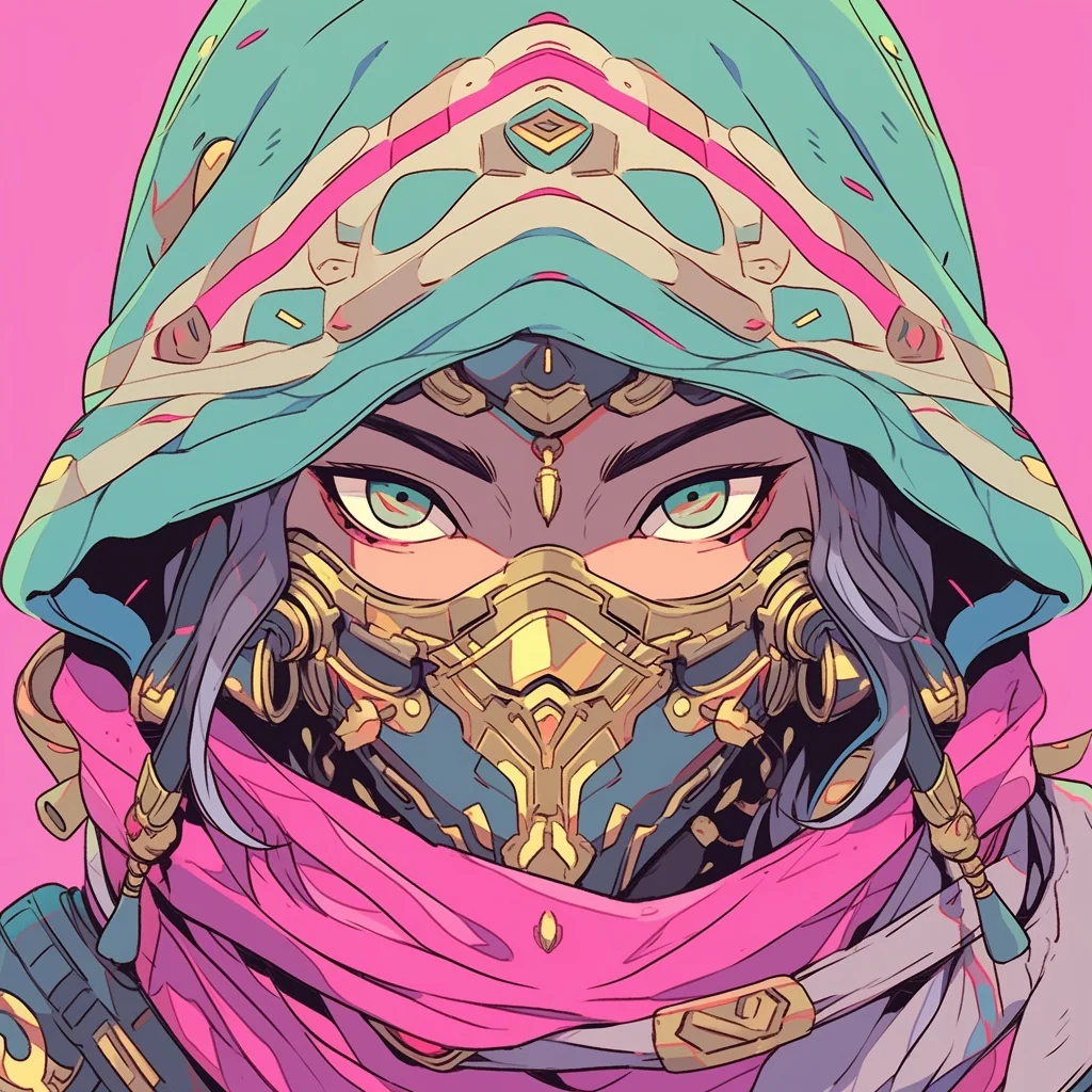 Colorful fantasy character wearing a jeweled face veil.