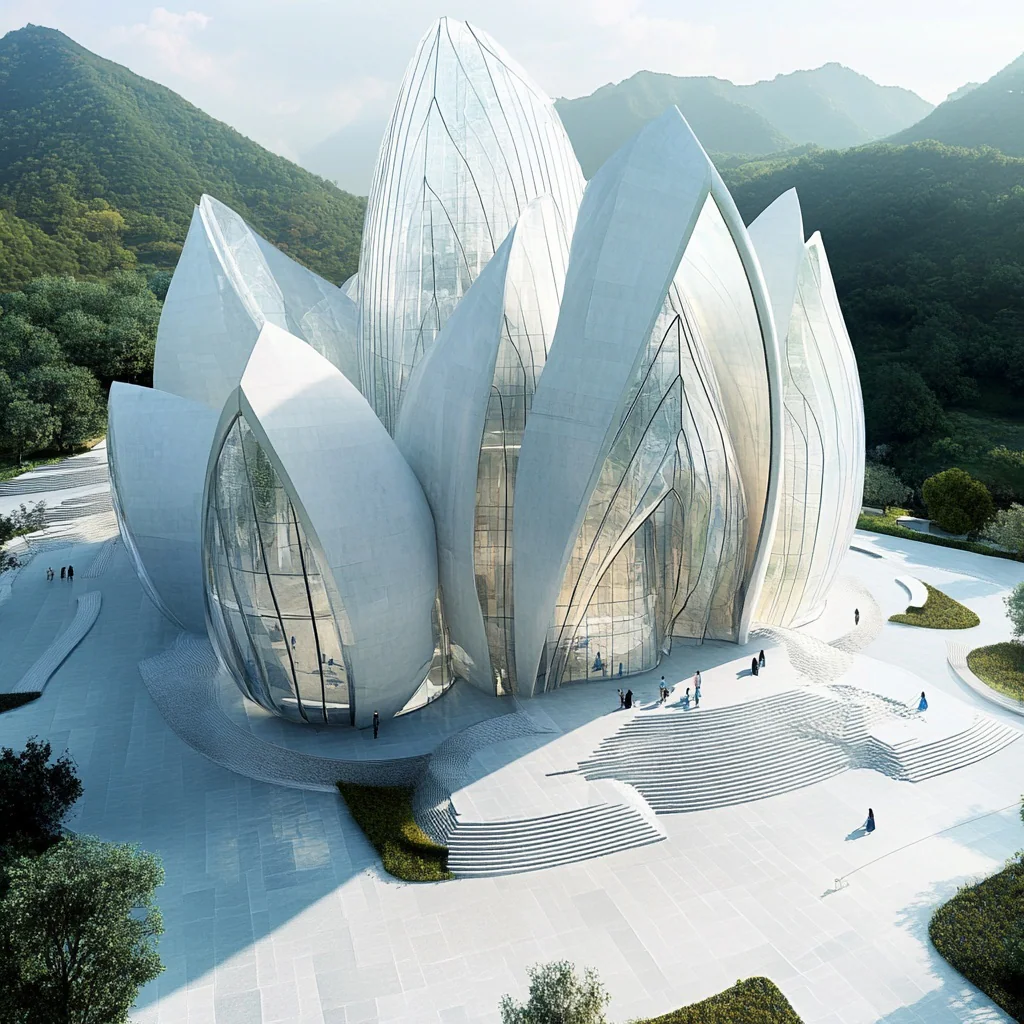 Futuristic white lotus-shaped structure in a mountain landscape.
