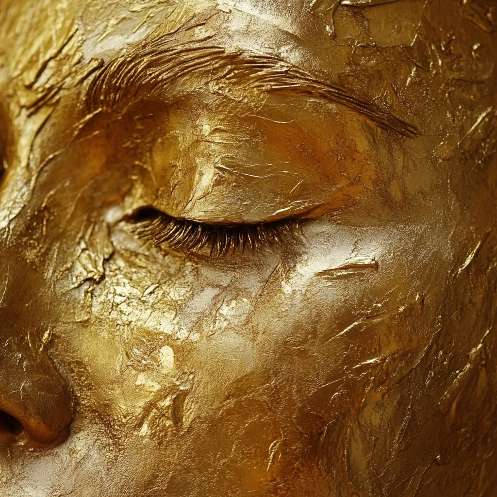 Close portrait partially covered by a flowing gold texture.