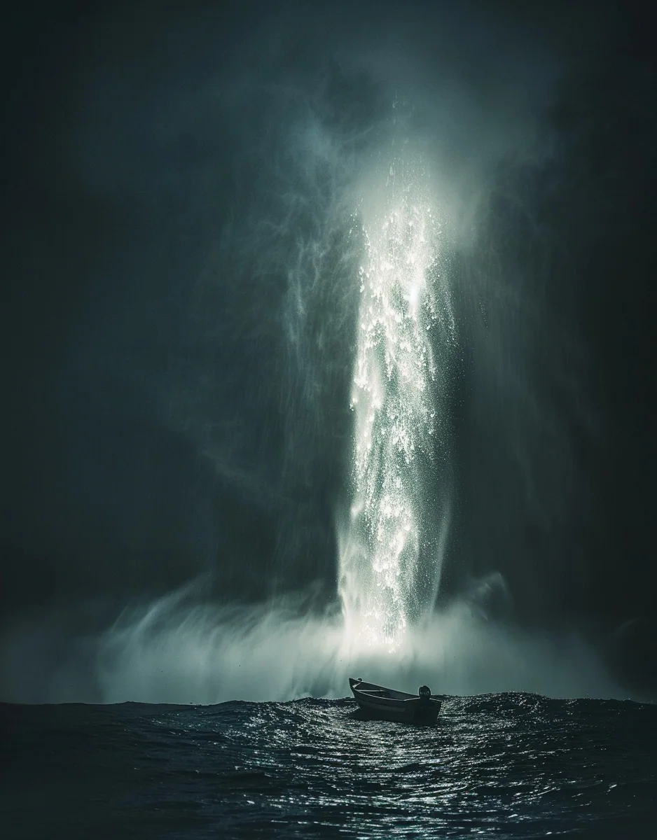 A luminous vertical apparition falling into a dark ocean.