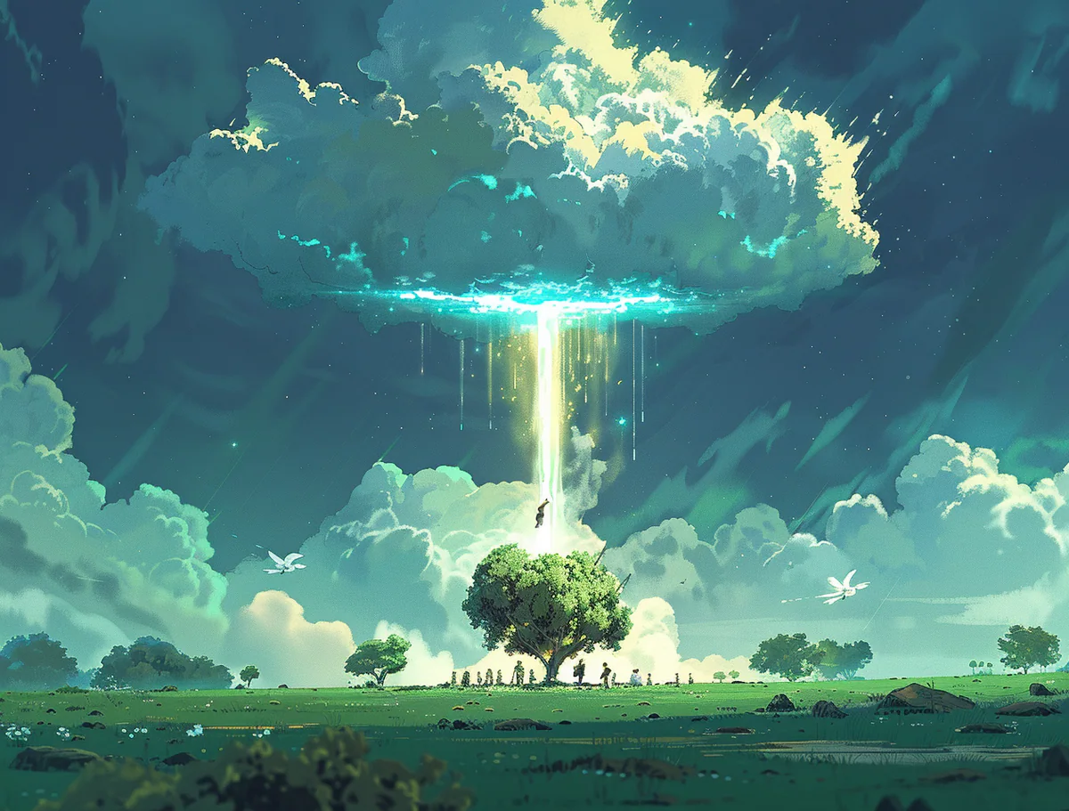 Fantasy landscape with a cloud vortex descending toward a solitary tree.