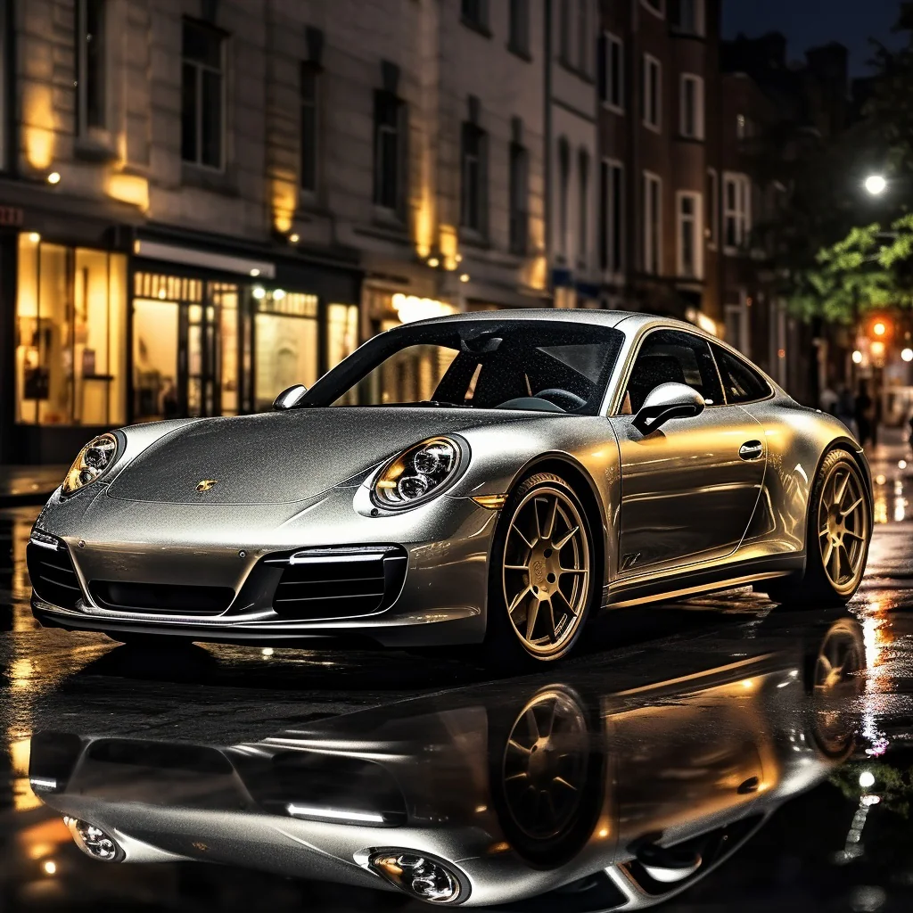 Metallic sports car photographed in a luminous city at night.