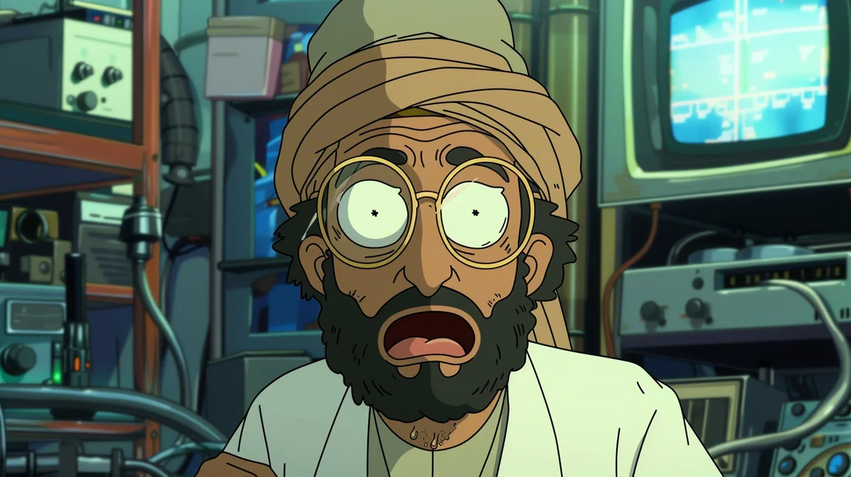 Animated cartoon scientist reacting inside a laboratory.