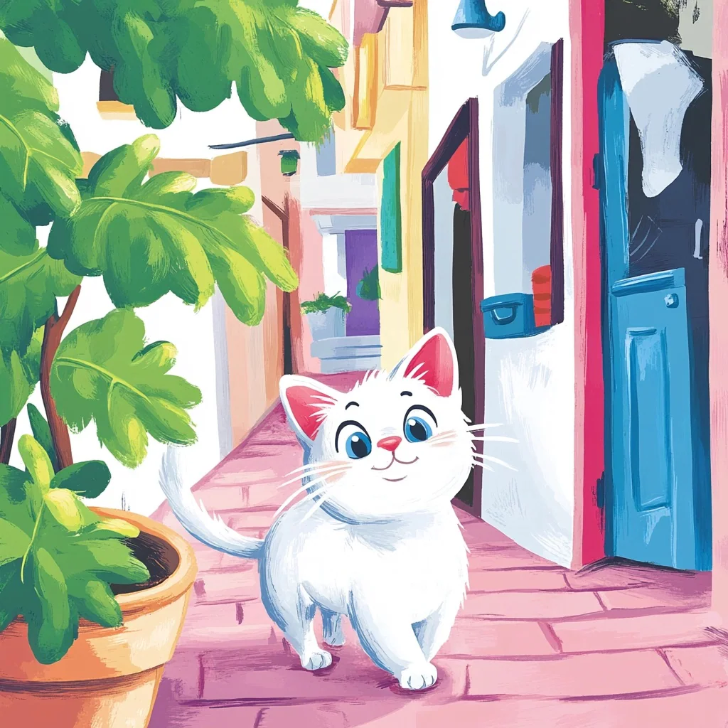 White kitten exploring a colorful neighborhood street.