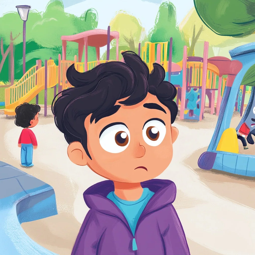Young child standing in a softly illustrated park and playground.