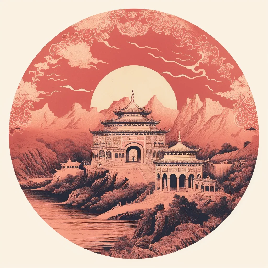 Circular salmon-colored emblem depicting mountains, water, and traditional architecture.