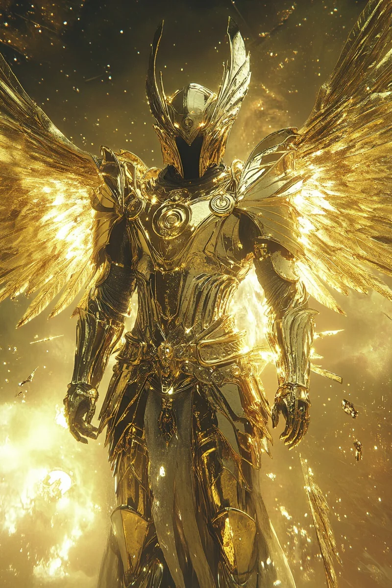 Winged fantasy warrior in elaborate gold armor.