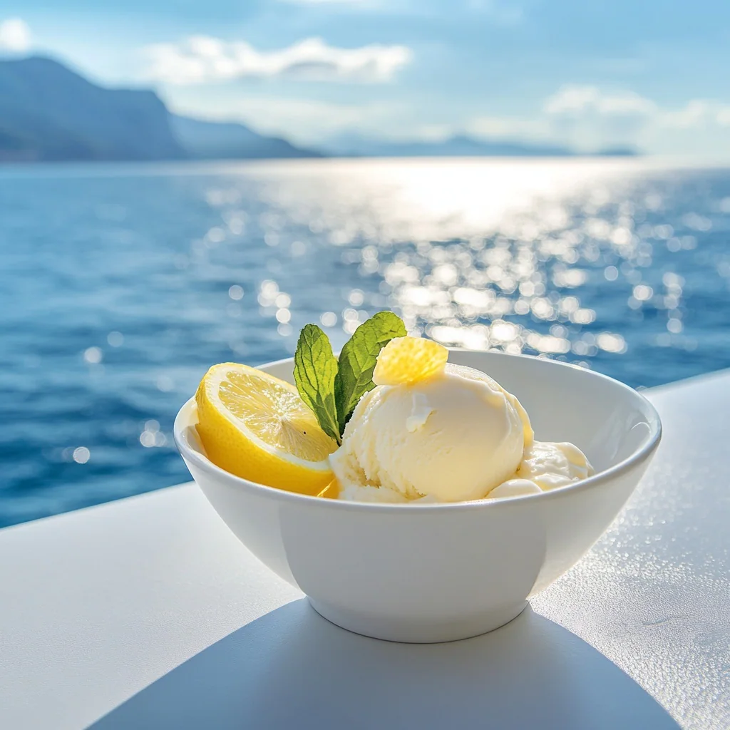 Lemon sorbet photographed beside the sea in warm daylight.