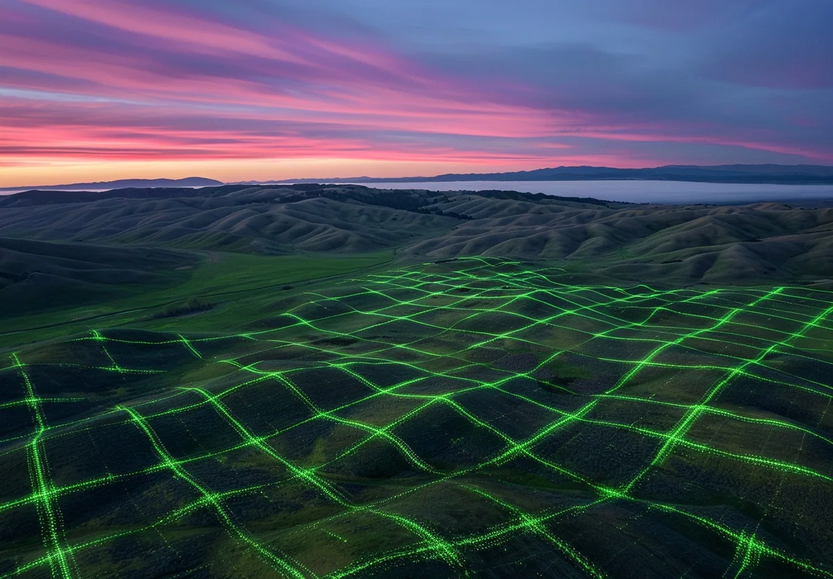Agricultural landscape mapped by a luminous green field grid.