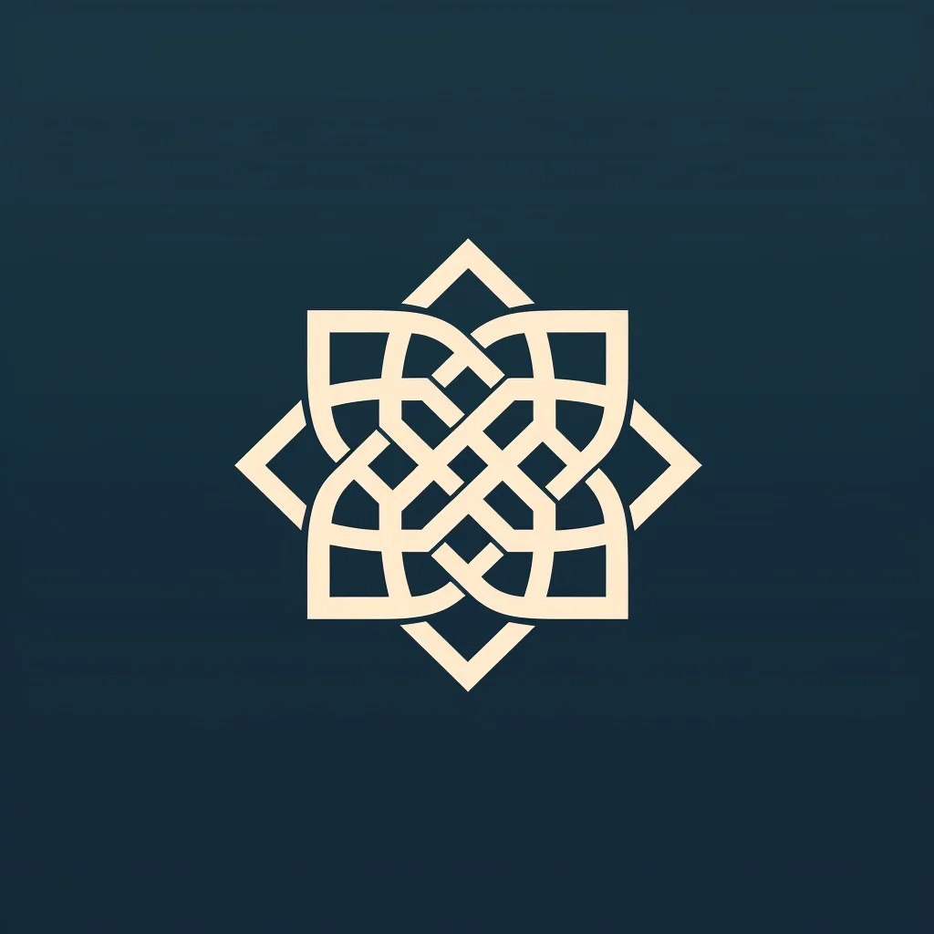 Cream interwoven compass-like mark on a deep navy field.
