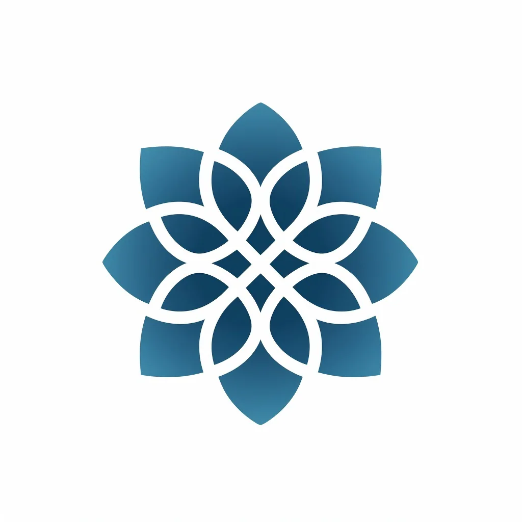 Blue and teal interwoven geometric bloom mark.