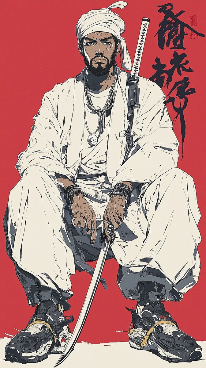 Modern samurai character seated against a red editorial background.