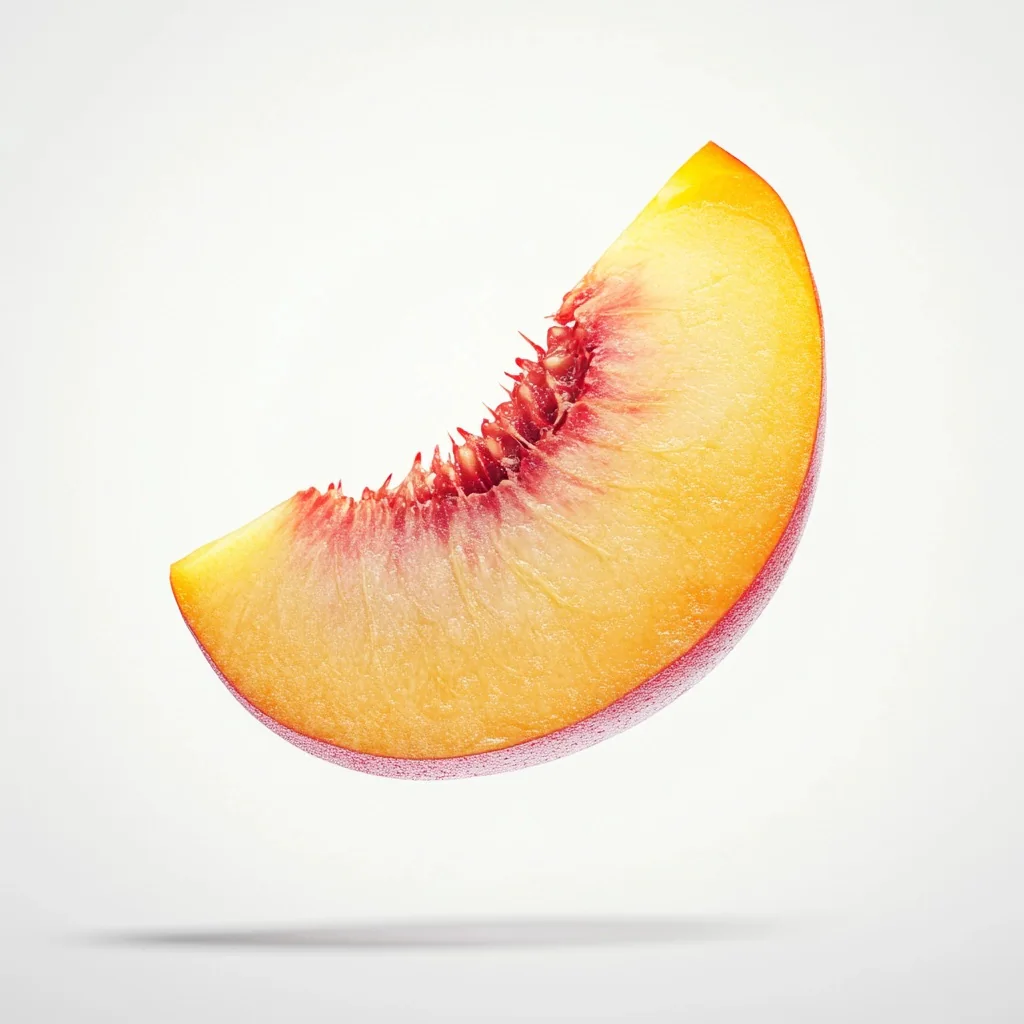 Softly rendered peach slice on a pale ground.