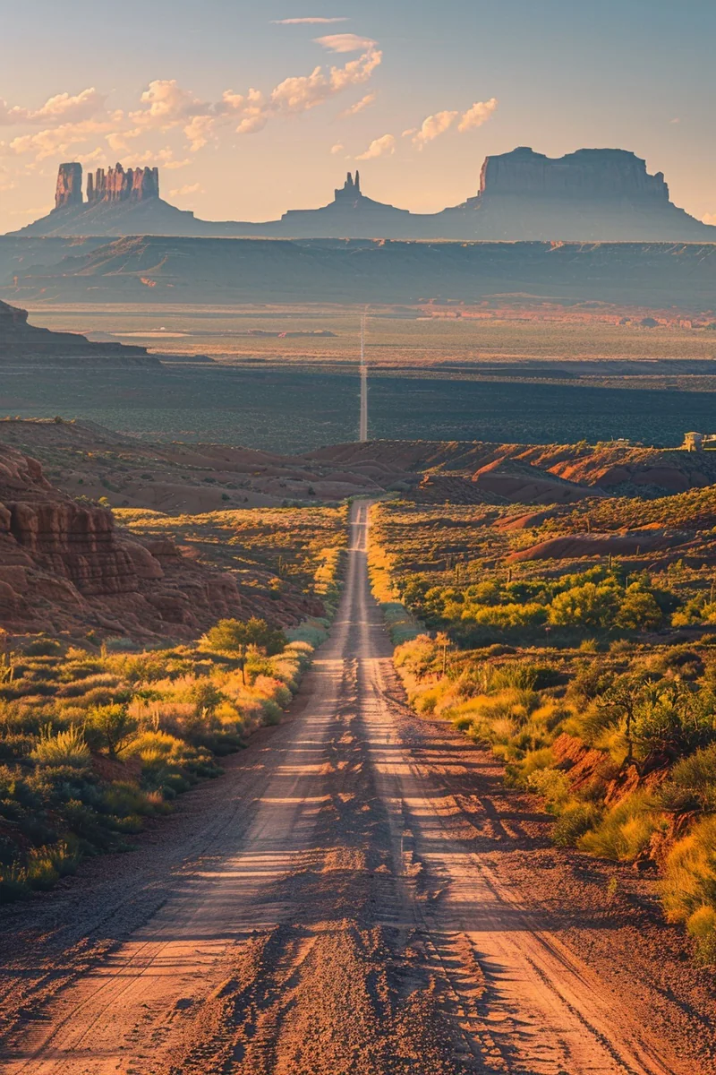 Western desert road photographed beneath a broad blue sky.