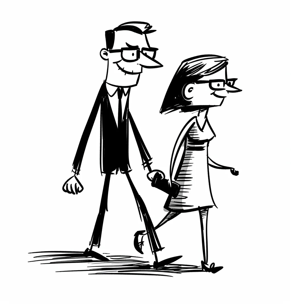 Black-and-white editorial line drawing of a couple walking together.