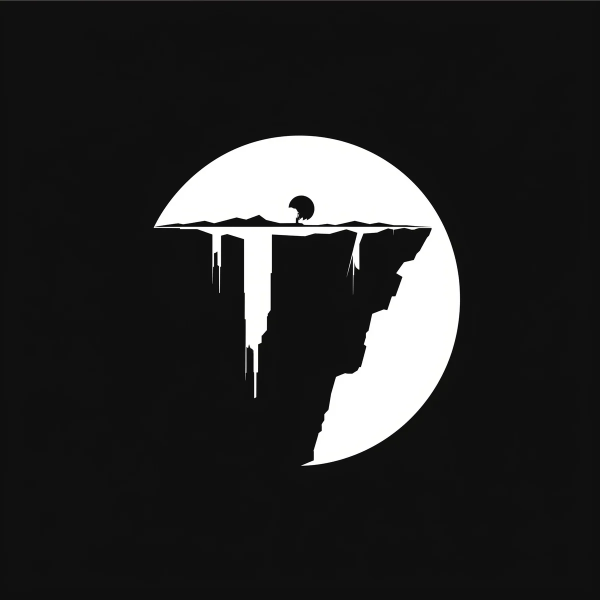Black-and-white cliff, umbrella, and moon logo composition.