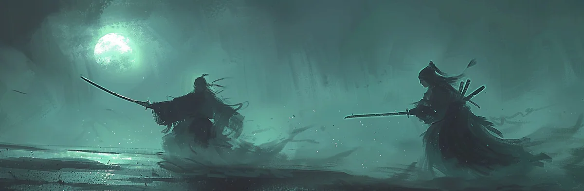Wide cinematic scene of two samurai facing one another in teal mist.