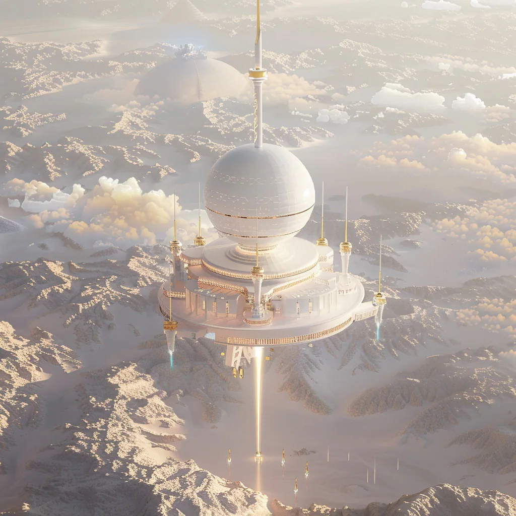 White spherical future city suspended above the clouds.