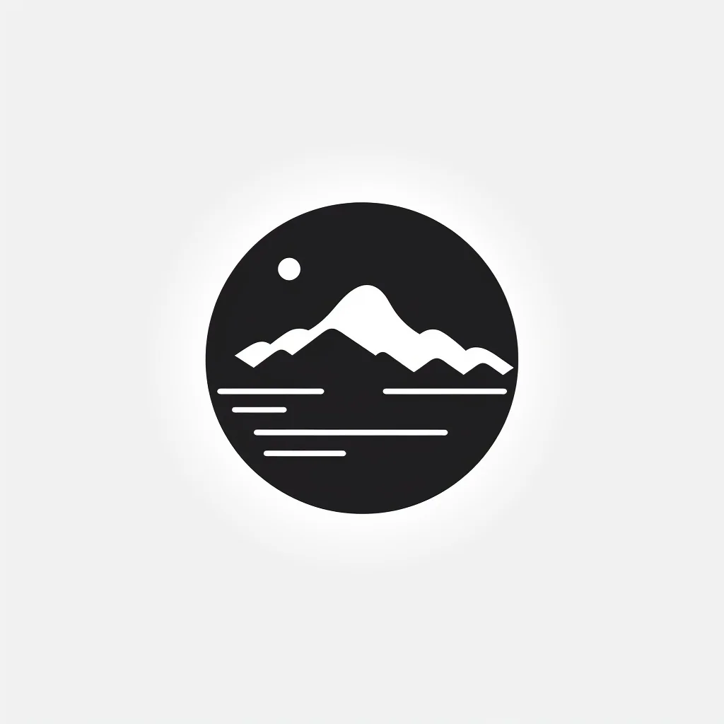 Circular black mountain, water, and trail guide logo.